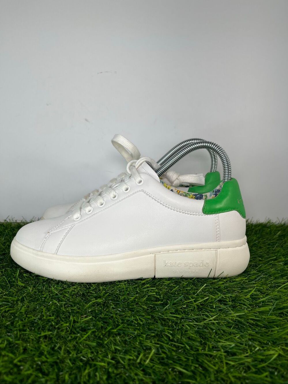 Kate Spade New York Lift Leather Platform Sneakers White Green Women’s Size 7.5